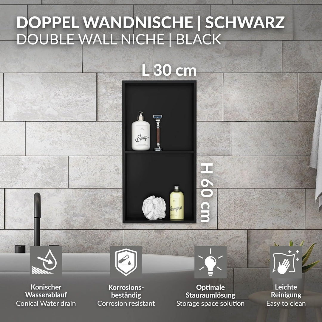 LuxeBath Wandnische Doppel aus Edelstahl, 30x60x10cm, Schwarz, Duschnische mit Rahmen, Einbauregal,