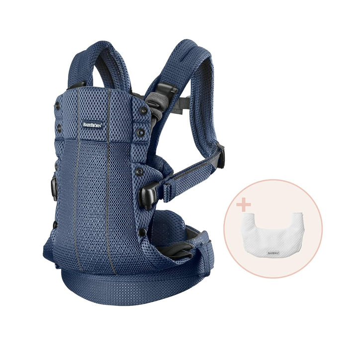 BABYBJÖRN Babytrage Harmony, 3D-Netzstoff, Marineblau mit Lätzchen Marineblau Lätzchen, Marineblau L