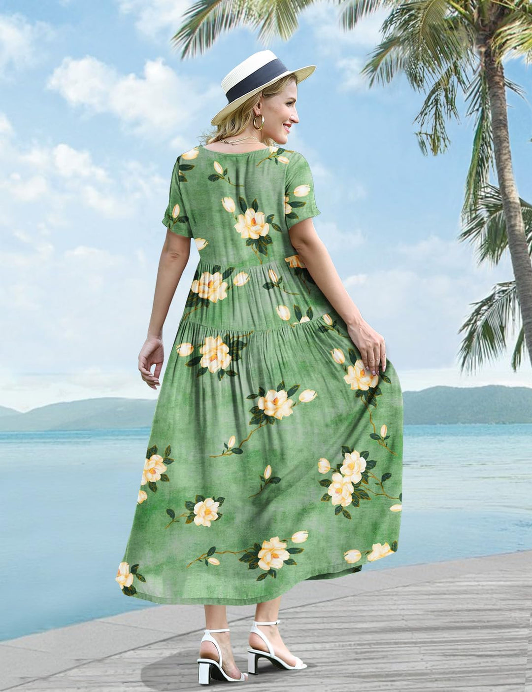 YESNO Damen Kleider Freizeit Lose Sommerkleid Lang Boho Maxikleid für Rundhals Strandkleid Blumenkle