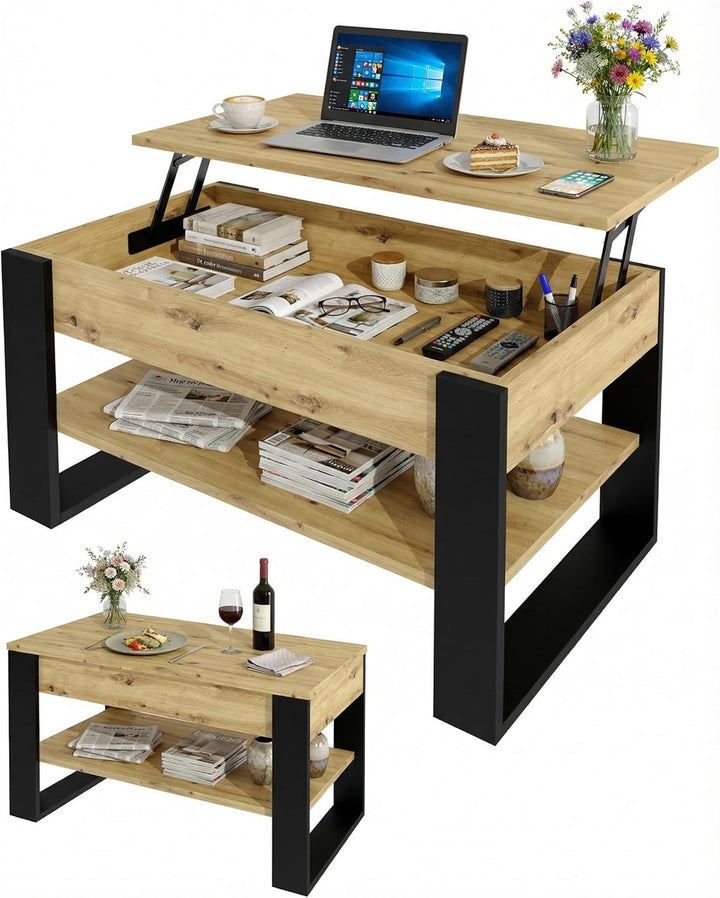 Couchtisch mit anhebbarer Platte | Höhenverstellbarer Wohnzimmertisch mit Stauraum | Sofatisch Eiche