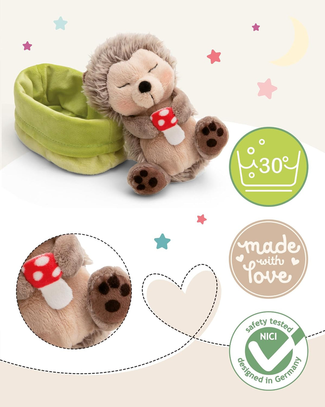 NICI Kuscheltier Igel mit Fliegenpilz schlafend im Körbchen - braun - Stofftier aus weichem Plüsch,