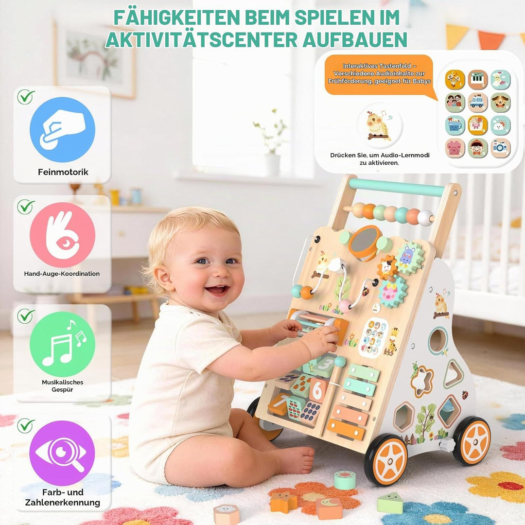 Holz-Lauflerner für Kleinkinder 12+ Monate, Montessori-Schiebewagen mit Aktivitätszentrum, Perlenlab