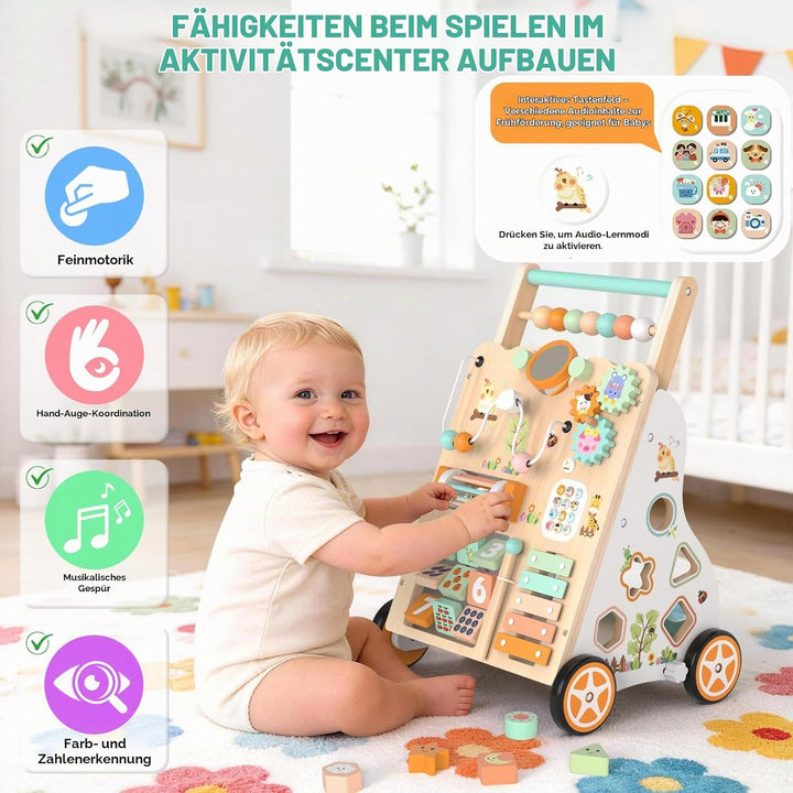 Holz-Lauflerner für Kleinkinder 12+ Monate, Montessori-Schiebewagen mit Aktivitätszentrum, Perlenlab