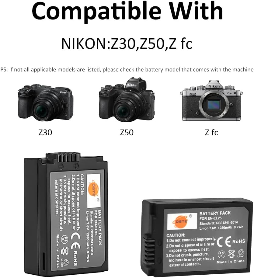 DSTE EN-EL25 EN-EL25a Ersatzakku (2 Pack) und Smart LED Dual USB-Ladegerät Kompatibel mit Nikon Z50