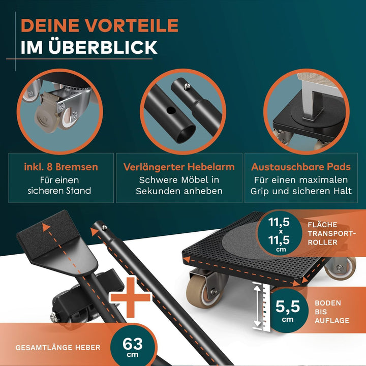 Der Innovative Möbelheber (inkl. Bremsen) für schwere Möbel von FAIRMO - 4 Möbelroller und 1 Lastenh