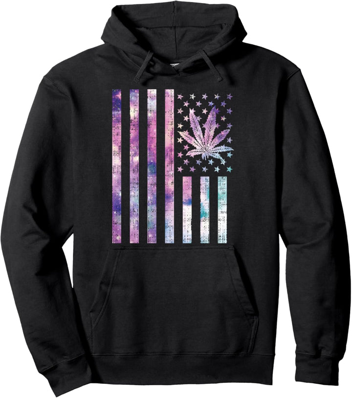 Galaxy Weed US Flag Retro Marijuana Patriot Stoner Pullover Hoodie