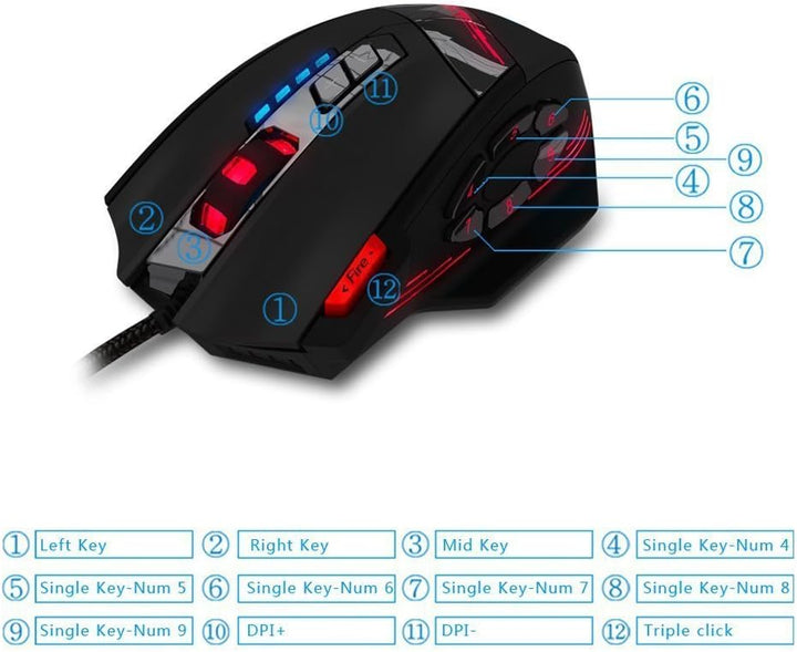 zelotes Gaming Maus,4000DPI,12 programmierbare Tasten,8 Gewichtsblöcke,Ergonomische Design,RGB Gamer