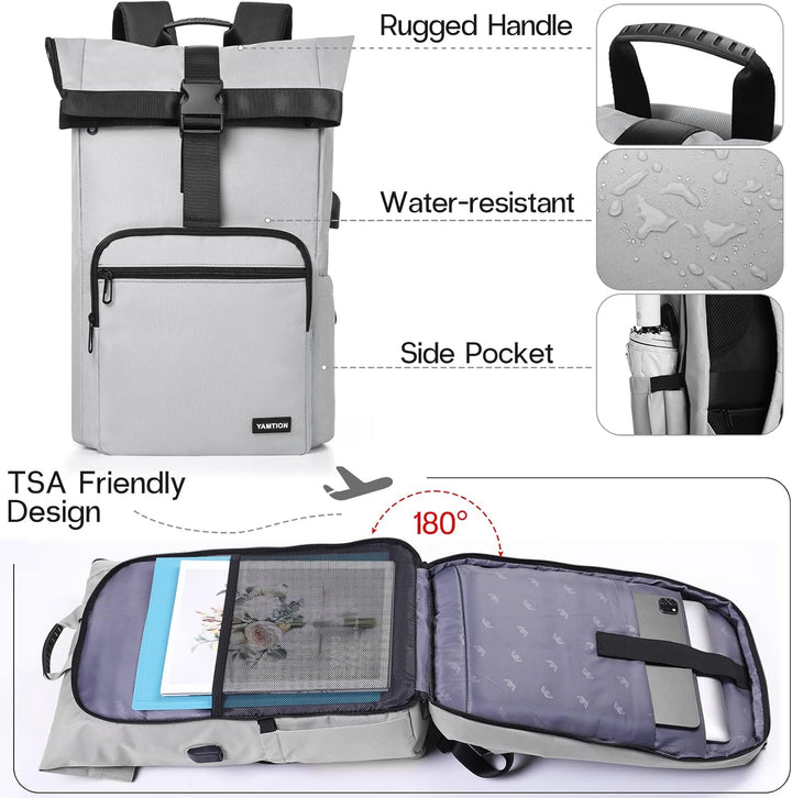 YAMTION 17" Rucksack Damen Stadtrucksack Herren Roll Top,Rucksack Laptop Unisex mit Laptopfach & USB