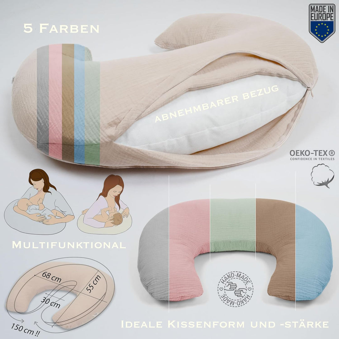 PaLulli® Stillkissen Klein aus 100% Musselin Baumwolle - Mit Abnehmbarem Stillkissenbezug, Atmungsak