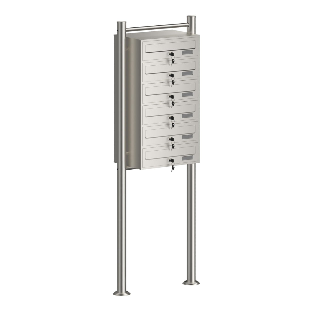Wiltec 6er Briefkastenanlage Edelstahl 556 x 270 x 1500 mm, Standbriefkasten mit 6 Fächern, Schlüsse