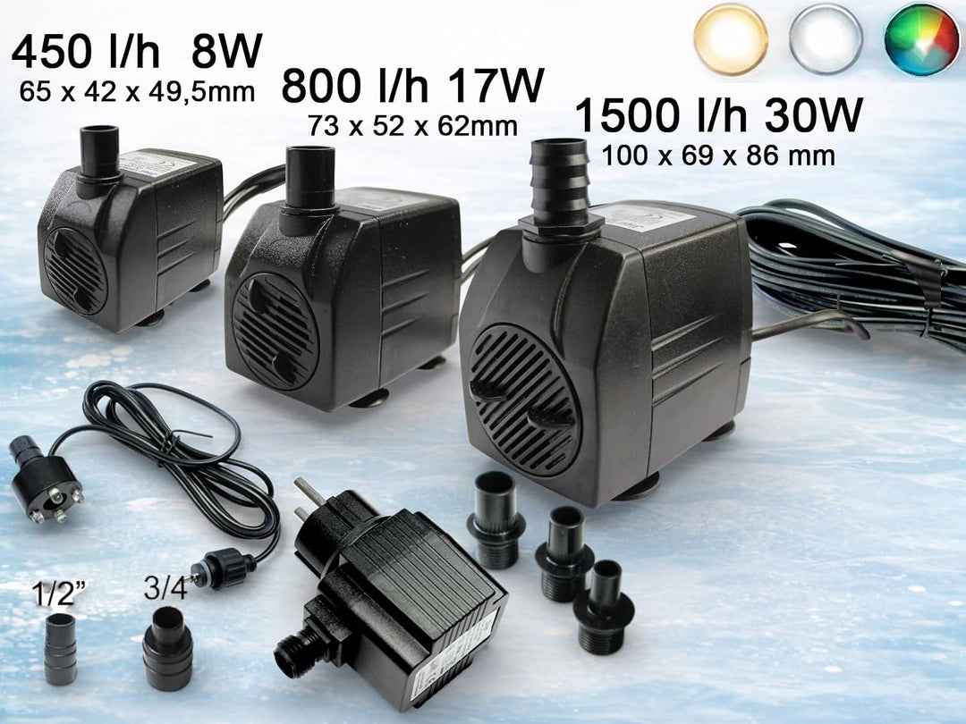 Arnusa Springbrunnenpumpe mit 1x LED Quellsteinbeleuchtung kaltweiss Spot Teichpumpe Wasserpumpe Bac