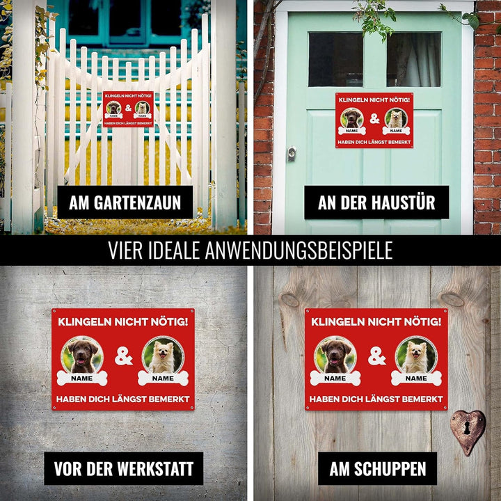 Hunde Schild personalisiert - Klingeln nicht nötig - Metallschild mit Foto und Name für aussen, wett