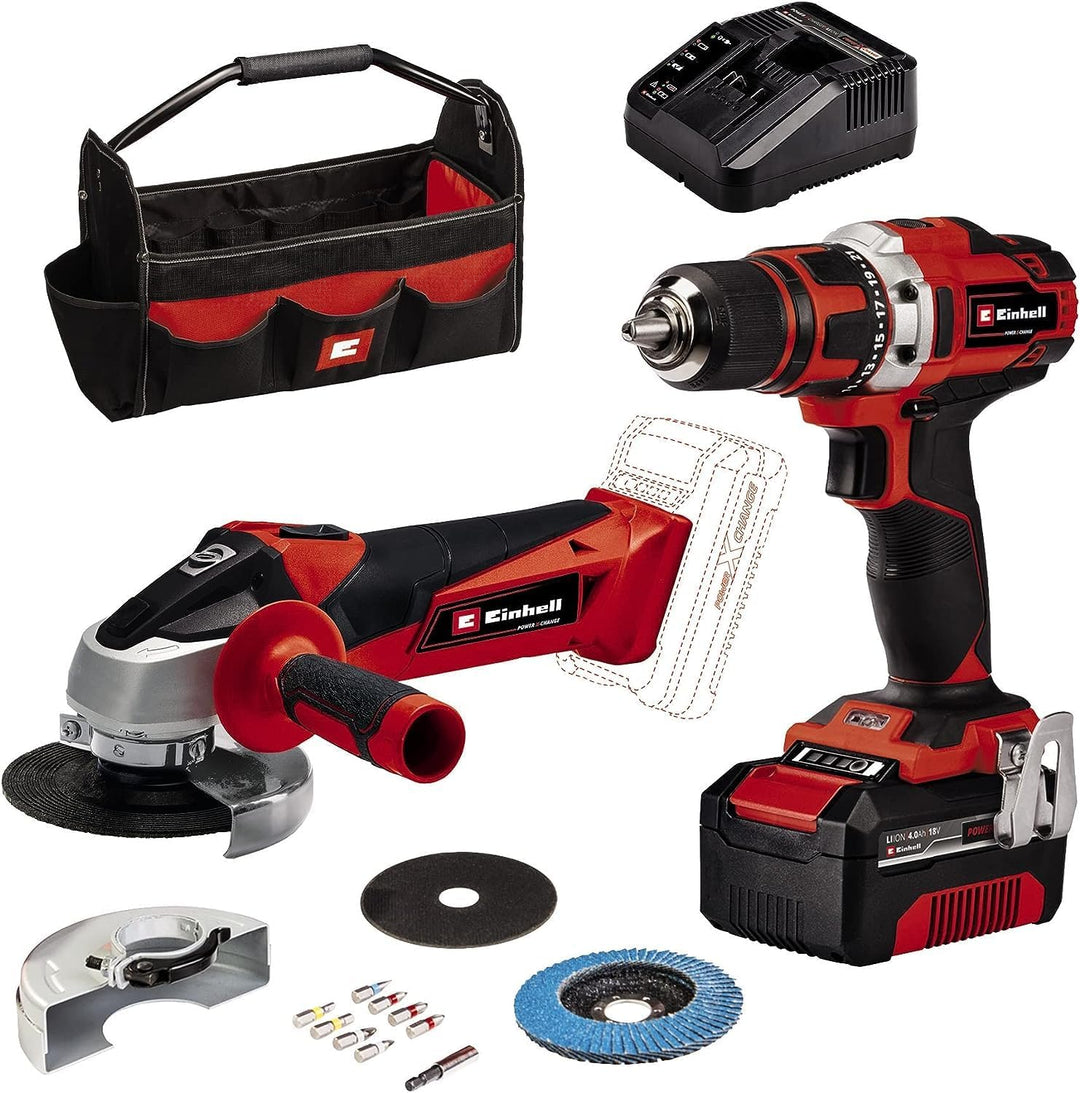 Einhell Akku-Bohrschrauber TE-CD 18/40 Li + Akku-Winkelschleifer TC-AG 18/115 Li Power X-Change (Li-