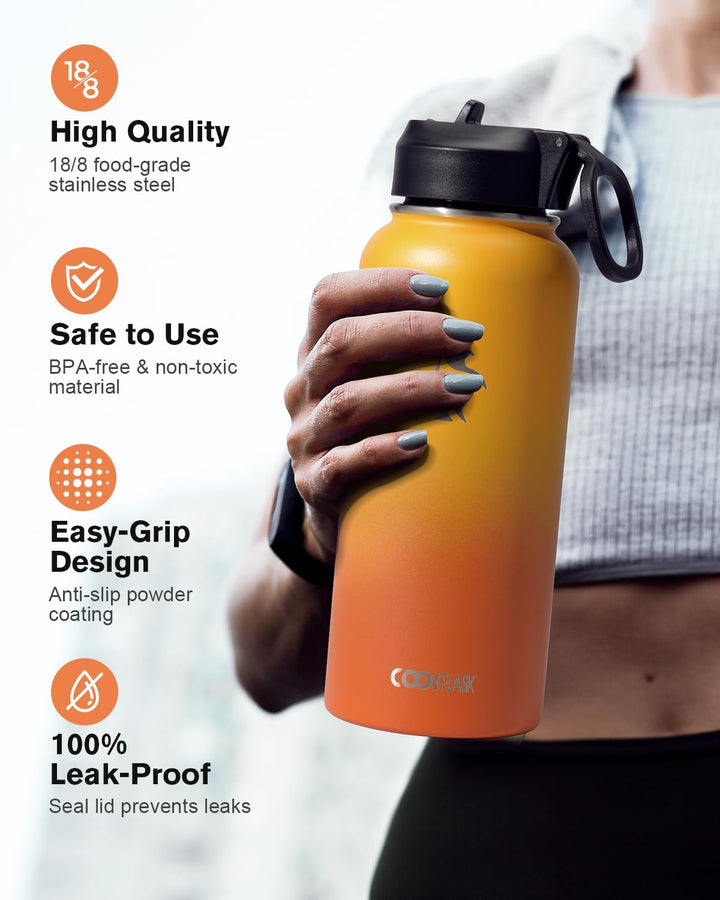 Wasserflasche 0,9 l isoliert mit Strohhalm, Coolflask Edelstahl Metall 3 Deckel Wasserflasche mit br