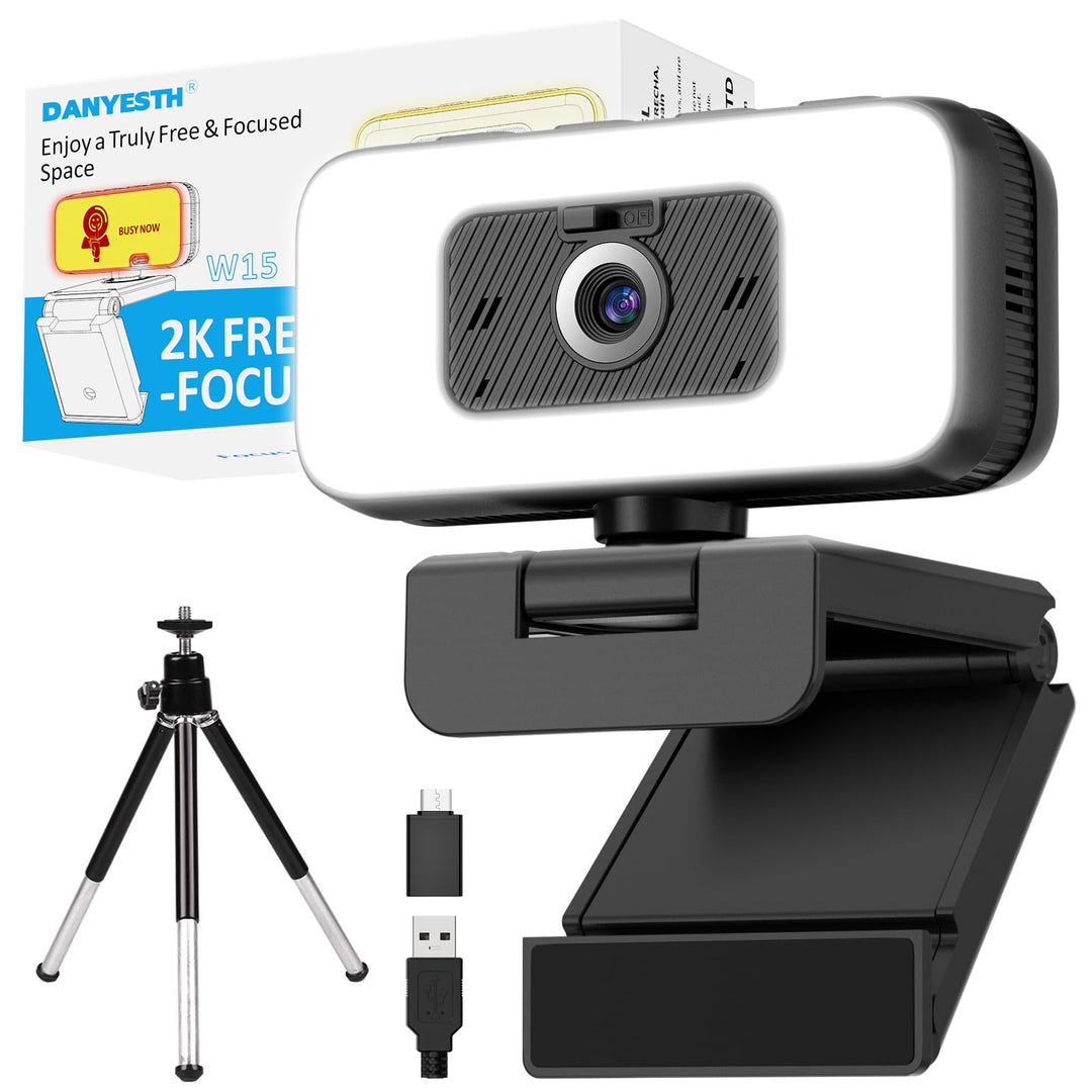 2K Webcam mit Mikrofon und Abdeckung – USB PC Kamera mit Licht, Zoom, Flip, Privacy-Cover – Externe