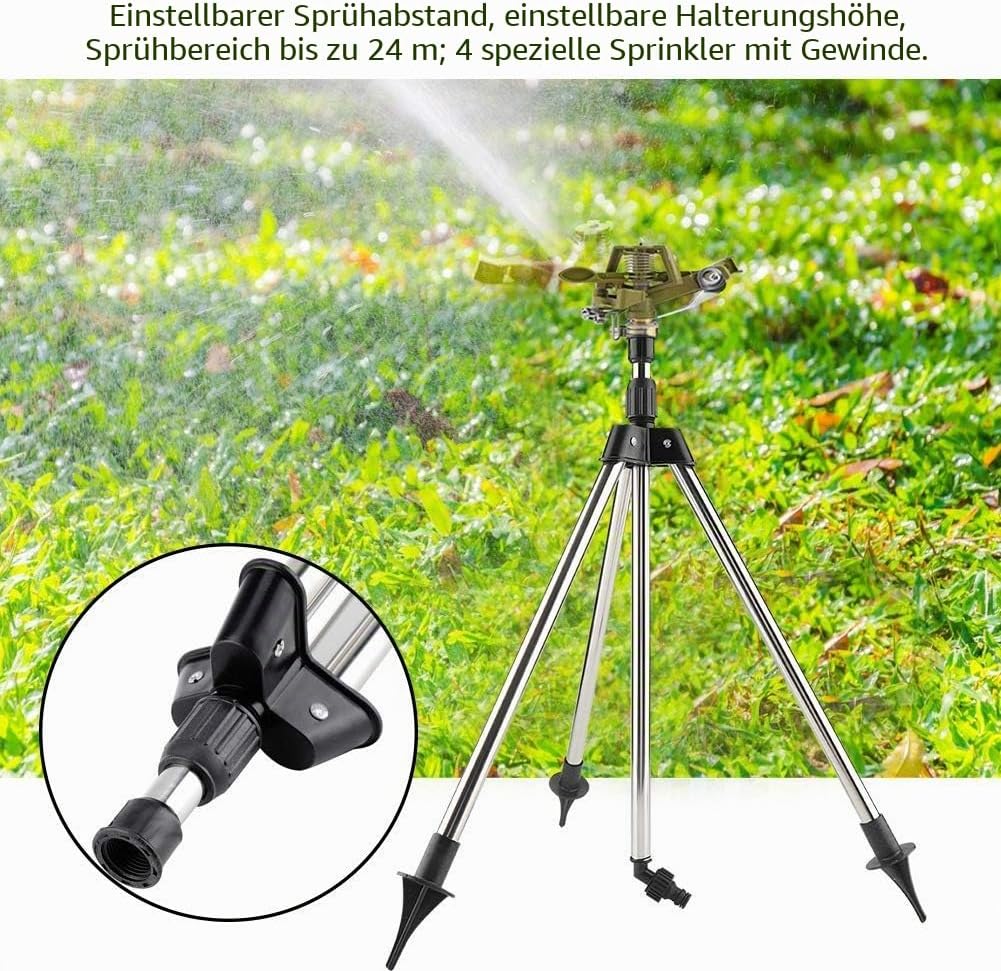 Zerodis Bewässerungs Set Teleskop Stativ Edelstahl Sprinkler grün Impulsregner Kreisregner 360° vers