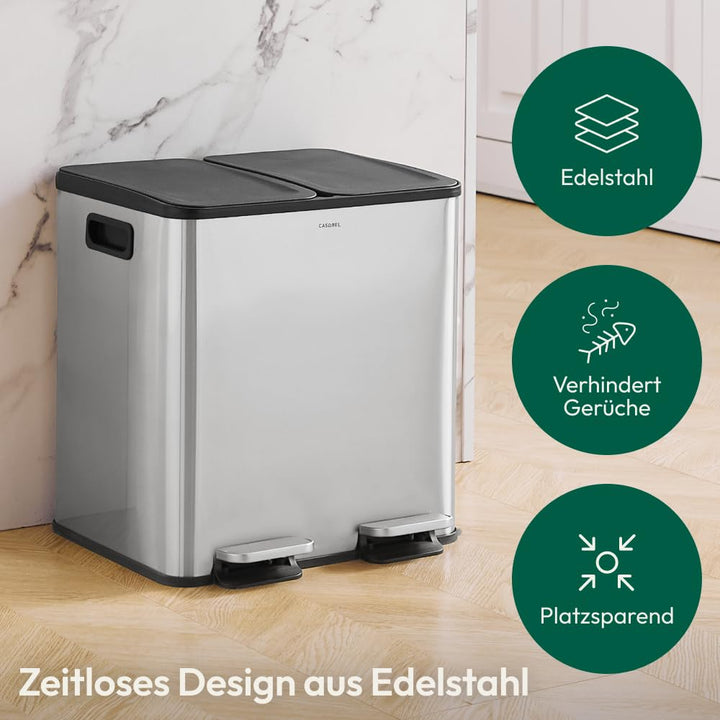 CASABEL Mülleimer Küche mit 2 Fächern, 2x15L, Tretmülleimer aus 100% Edelstahl, fingerabdruckresiste