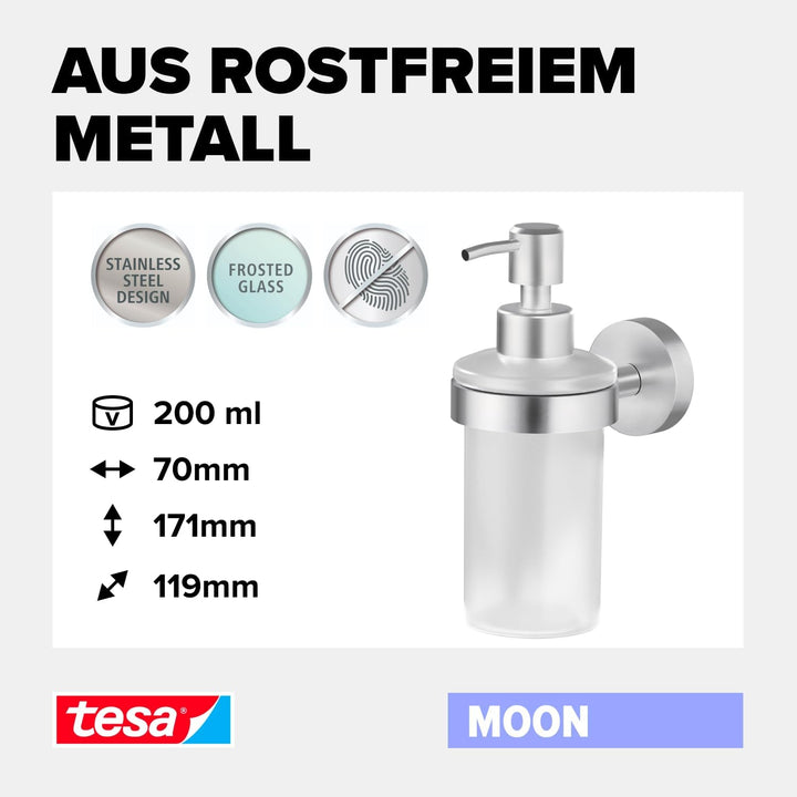 tesa Moon Seifenspender-Set, satiniertes Glas und verchromter Edelstahl - Flüssigseifenspender zur W