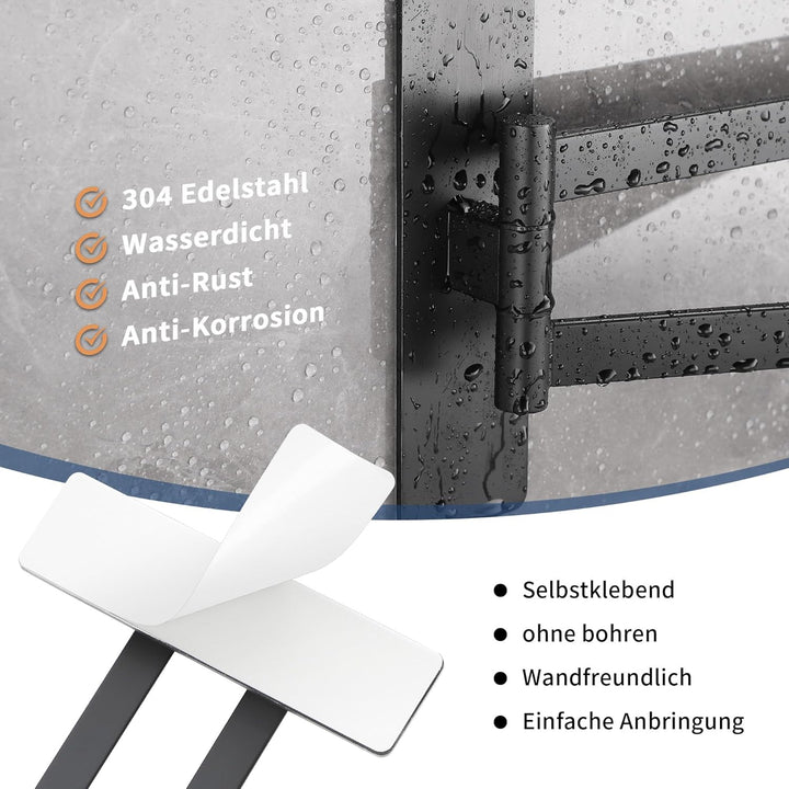 Handtuchhalter Ohne Bohren, 180° Schwenkbar Zweiarmig Handtuchstange Schwarz matt für Bad Küche, 304