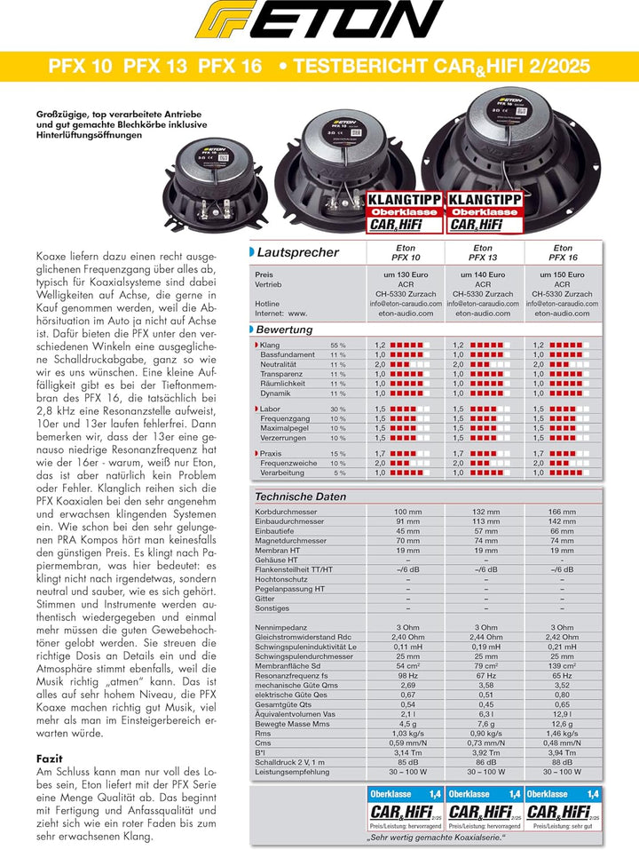 ETON PFX 16 – Klangstarkes 16,5 cm / 6,5“ Koaxial System, Auto Lautsprecher für Front oder Heck, Sou