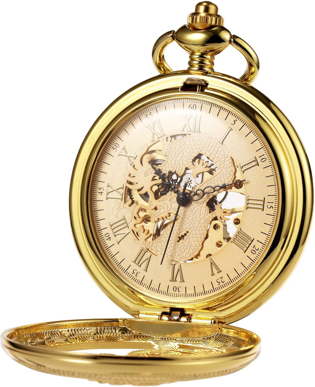 TREEWETO Unisex Taschenuhr mit Kette Analog Handaufzug Mechanisch Antik Drache Skelett Für Herren Da