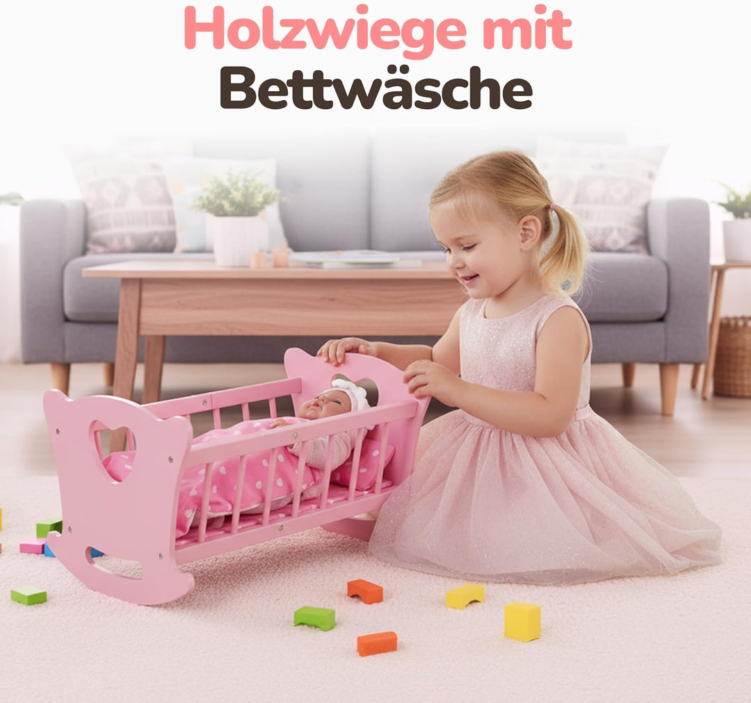 Kinderplay Holz Puppenwiege mit Bettwäsche – Schaukelbett für Puppen bis 49,5 cm – Nachhaltiges Holz