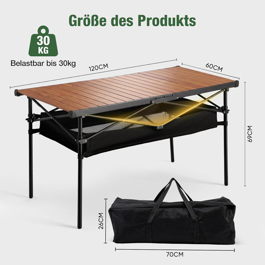 Sekey Campingtisch Faltbar, 120x60x69cm, Aufrollbare Tischplatte Klapptisch mit Aluminiumrahmen bis