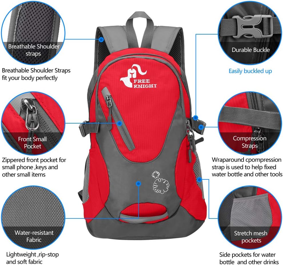Kleiner Tagesrucksack 20L Radfahren Wanderrucksack Wasserdichter Reiserucksack Leichtgewicht (Rot),