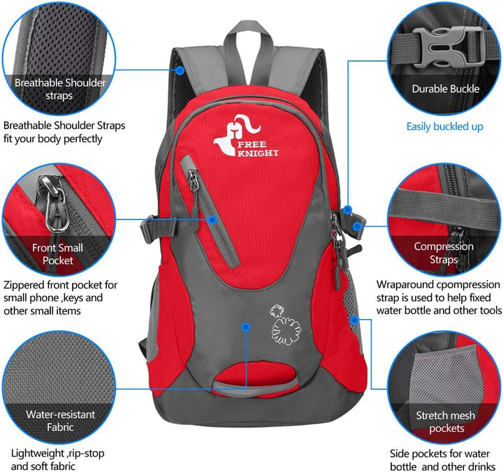 Kleiner Tagesrucksack 20L Radfahren Wanderrucksack Wasserdichter Reiserucksack Leichtgewicht (Rot),