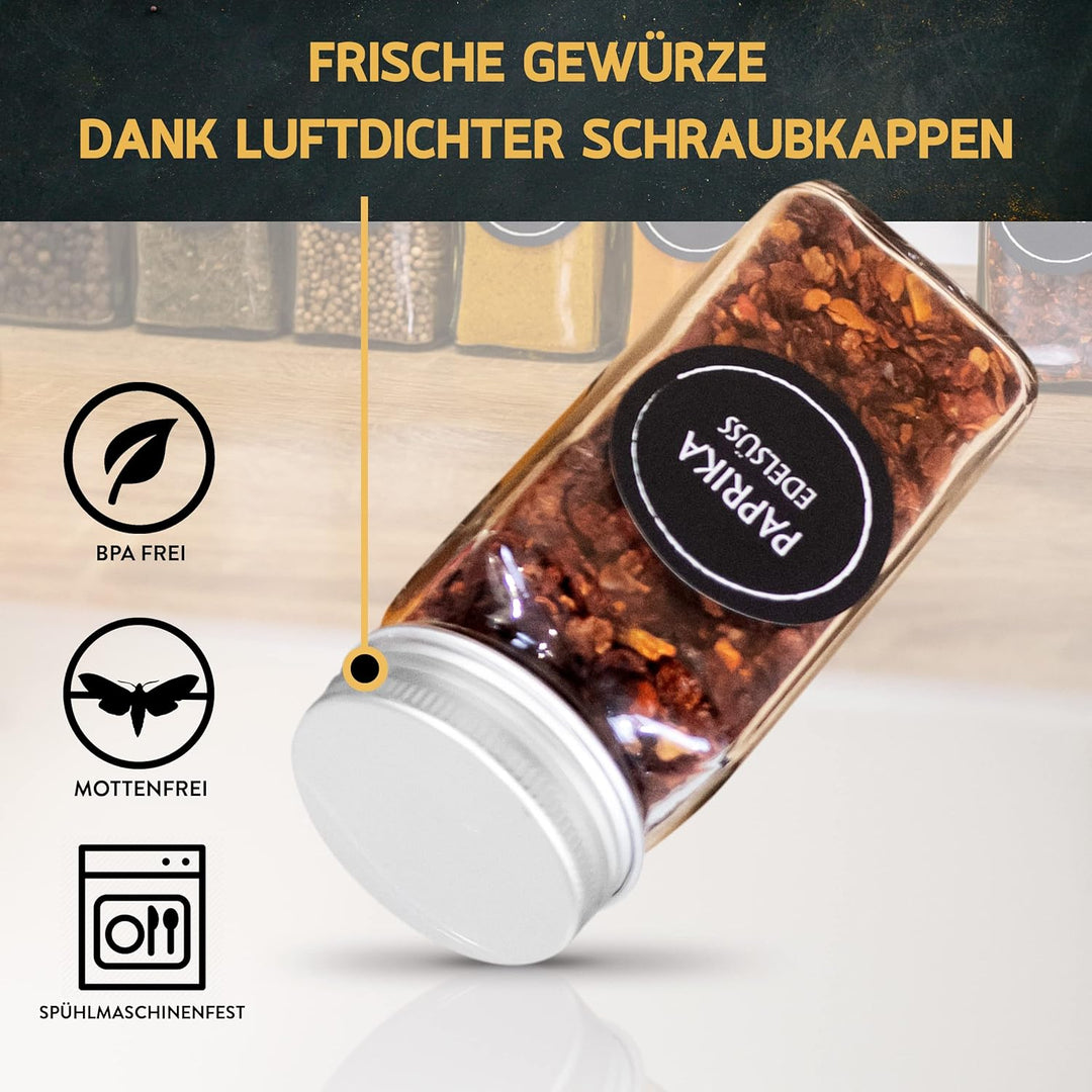 Cuccinara® Gewürzgläser Set [Eckig - 24 Stk. I 120ml - 10,5cm x 4,3cm] mit Gewürzetiketten, Streuein