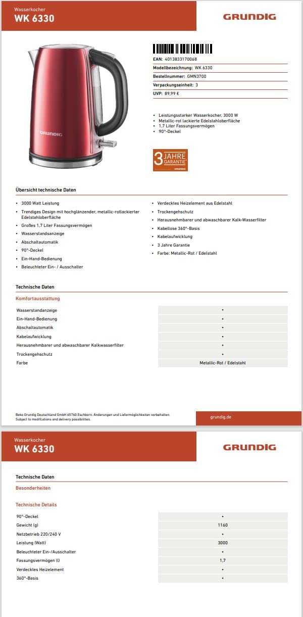 Grundig WK 6330 Wasserkocher, Rot (Metallic),