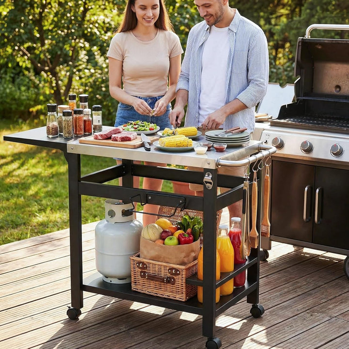 LIFERUN Grillwagen mit Klappbarem Beistelltisch, Robuster Grilltisch mit Edelstahl Tischplatte, 2-Eb