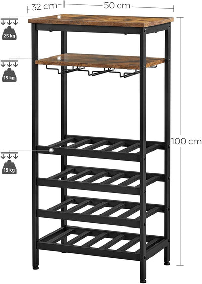 VASAGLE Weinregal, Flaschenregal, für 20 Flaschen, mit Glashalter, für Keller, Küche, Esszimmer, Ind