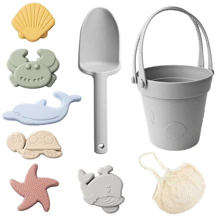 Sandspielzeug für Kinder, 8 Stück, sicheres Silikon-Strandspielzeug mit Schaufel, Eimer und Sandform