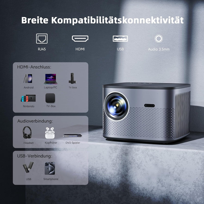 Beamer 4K【Netfilx/Autofokus】 Auto 6D 4P Trapezkorrektur Unterstützt Beamer 4K Heimkino, WiFi6 Blueto