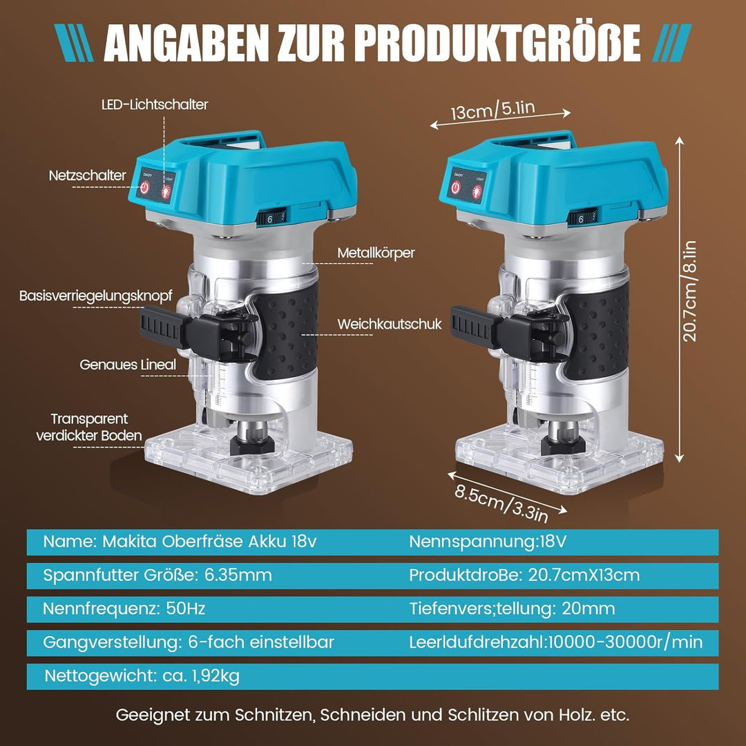 Akku Oberfräse kompatibel mit Makita 18V Akku,1400W Oberfräse Trimmer Einhandfräse Bürstenloser, Hol