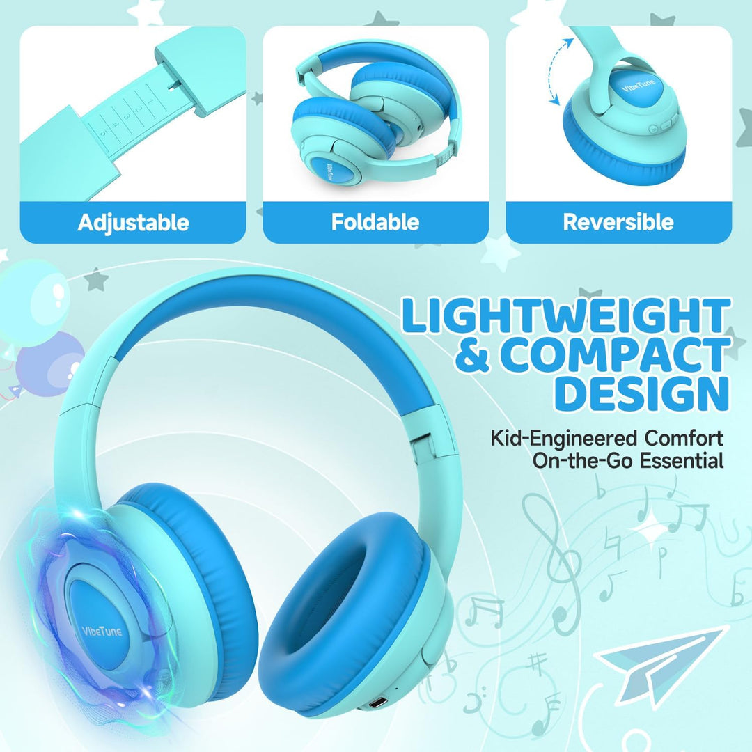 VibeTune Kinder Bluetooth Kopfhörer, 60 Stunden Spielzeit, Lautstärkebegrenzung 85/94dB, Bluetooth 5