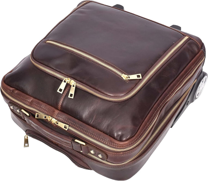 Pilotentasche aus echtem Leder mit Rollen Teleskopgriff für Business Reisetasche Sussex, braun, M, P