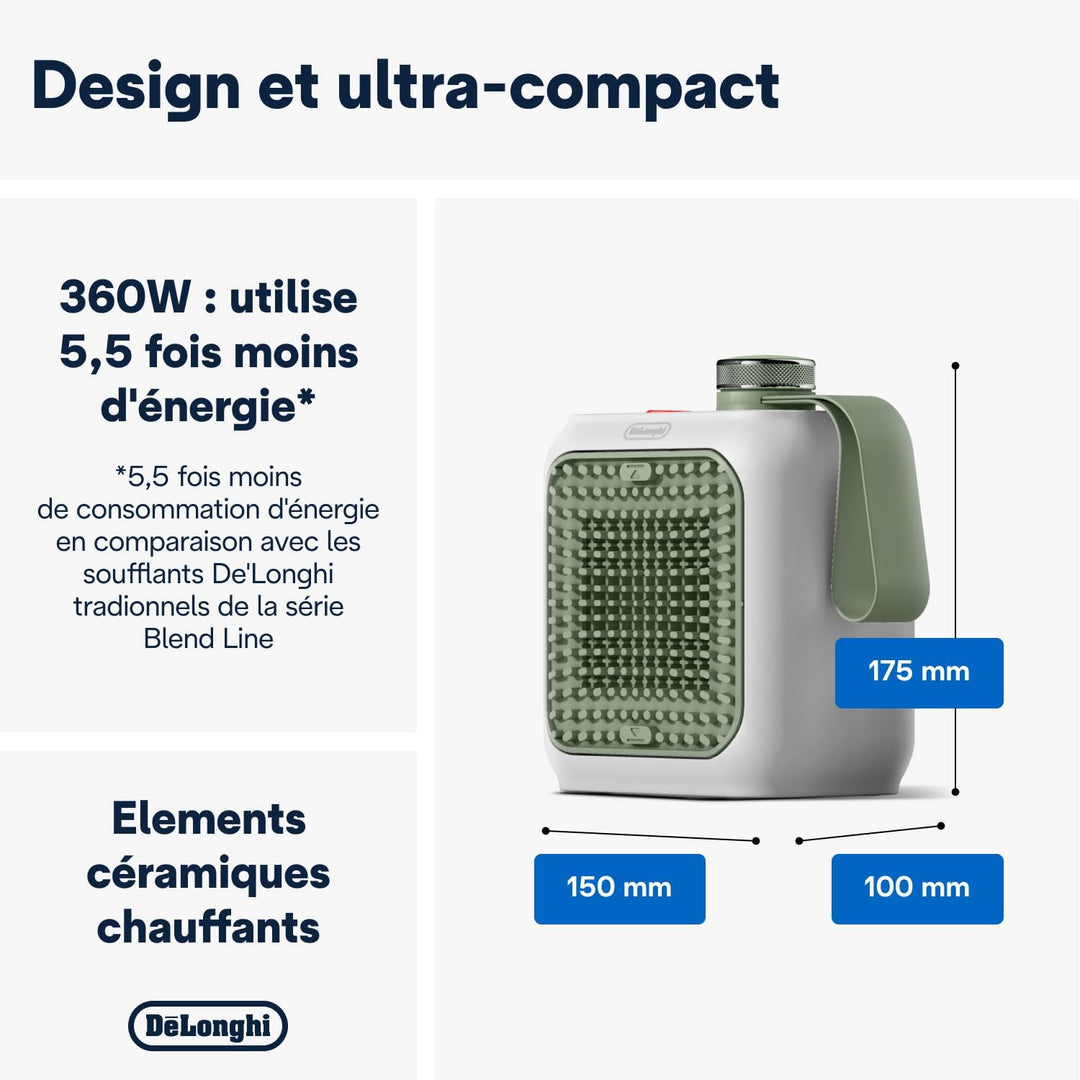 De'Longhi Capsule Desk Keramik-Heizlüfter HFX10B03.GR, leiser Mini-Schnellheizer, ausrichtbarem Gitt