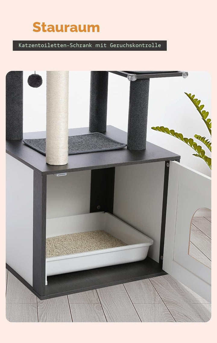 PAWZ Road Moderner Katzenbaum Holz Katzenturm mit Aufbewahrungsschrank Katzentoilette Gehege und ger