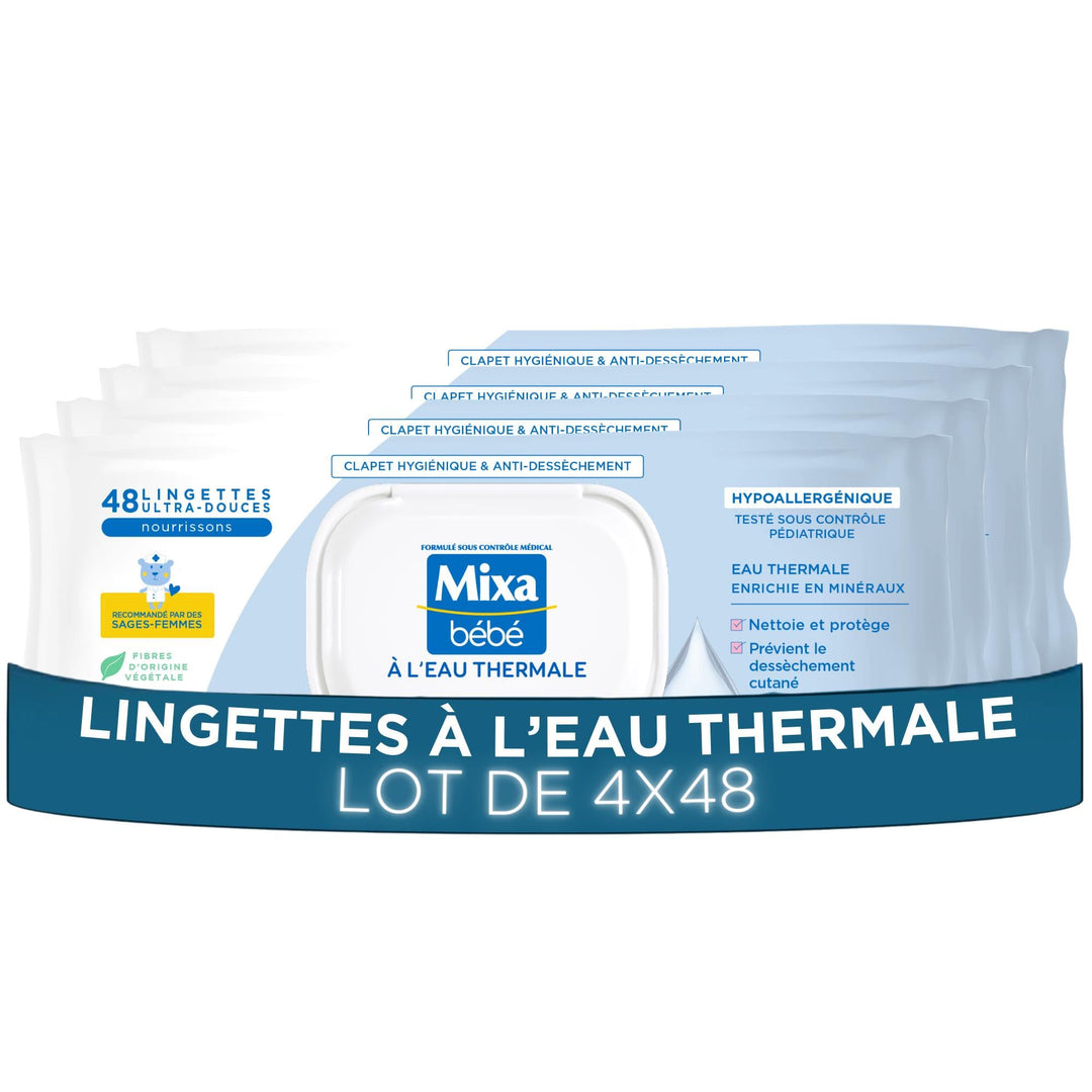 Mixa Babytücher mit Thermalwasser, 4 x 48 Tücher: hypoallergen, reinigt sanft Reinigungstücher mit T