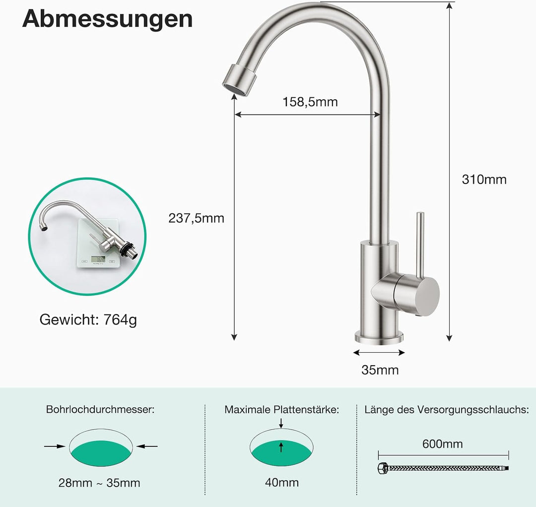 Faustina Kaltwasserhahn Küche, Wasserhahn Armatur Küche nur Kaltwasser, Küchenarmatur Spültischarmat