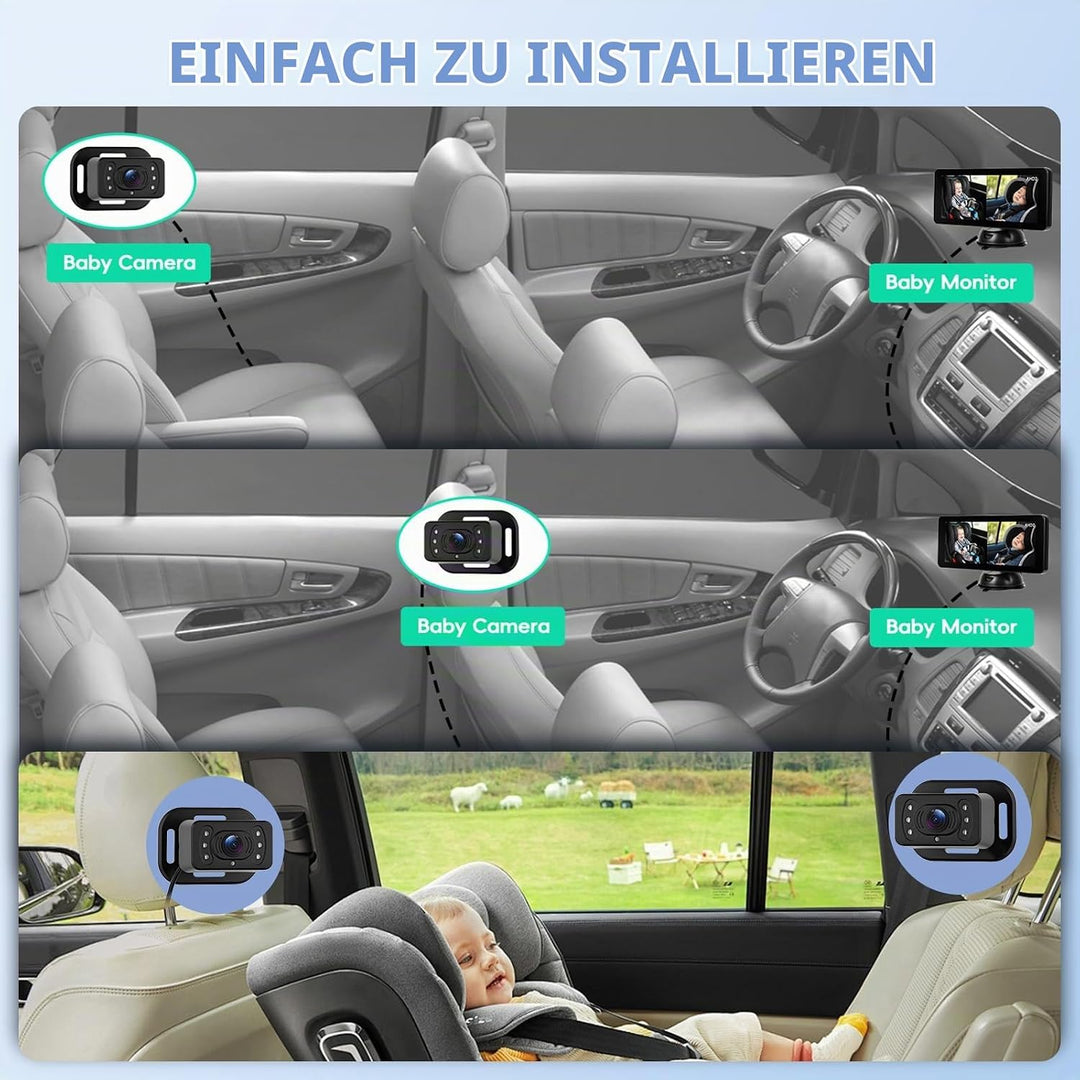 Hodozzy Dual Baby Autokamera für 2 Kinder - 6,86 Zoll IPS Split-Screen HD Display, Nachtsicht, 360°