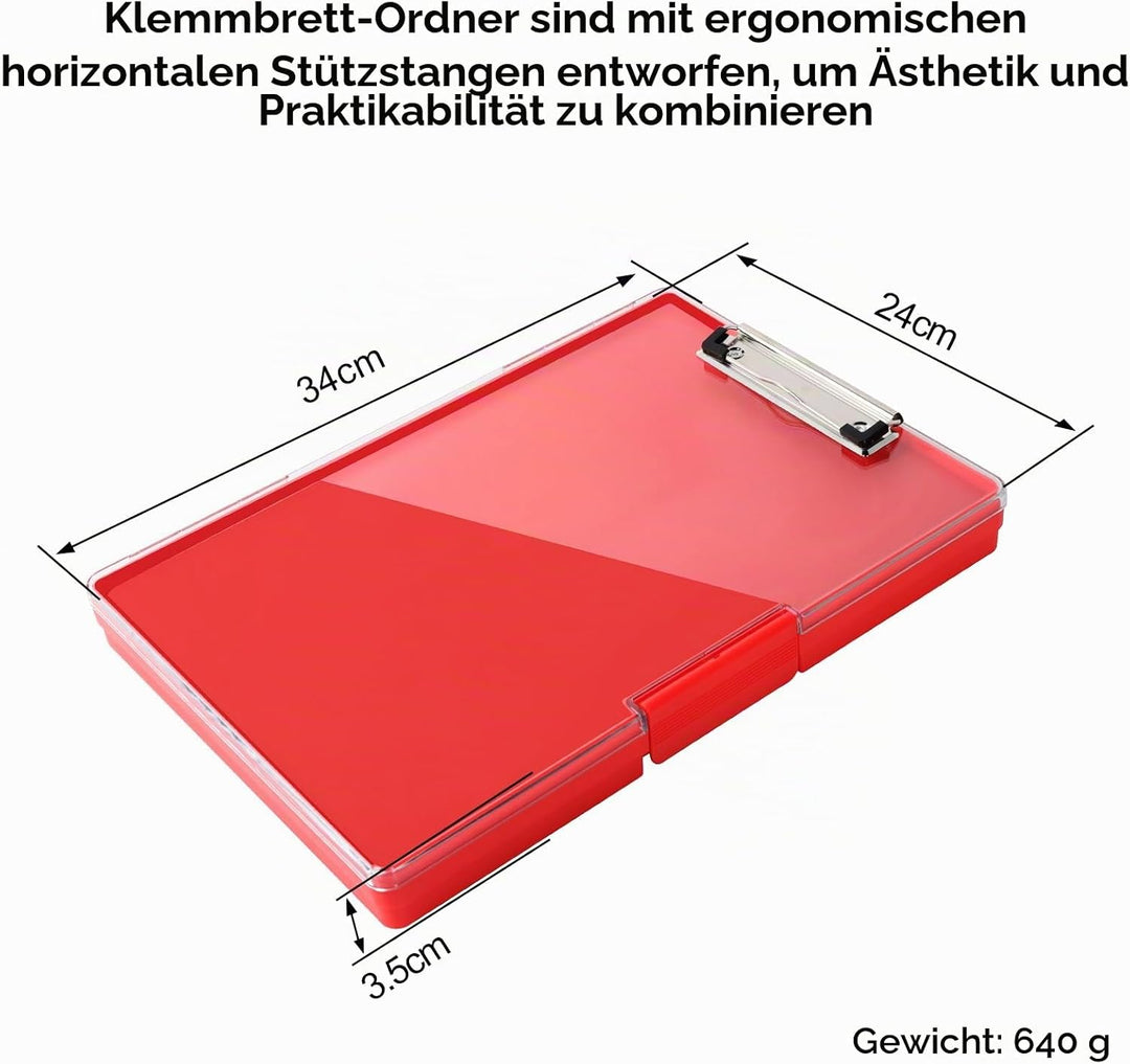 FRETONBA Klemmbrett a4 mit Aufbewahrungsfach, Rot Kunststoff-Klemmbrett, Leichtes Zwischenablage, Tr