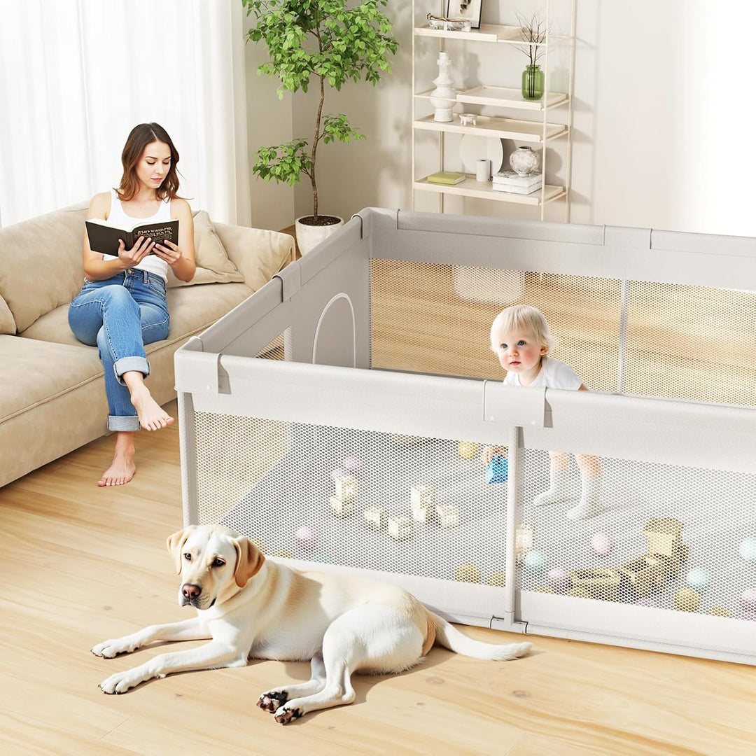 Grosses Laufstall Baby 175x150x66cm - Sicherer XXL Laufgitter Baby mit Atmungsaktivem Netz, Einfache
