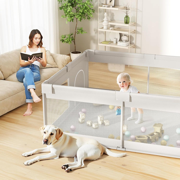 Grosses Laufstall Baby 175x150x66cm - Sicherer XXL Laufgitter Baby mit Atmungsaktivem Netz, Einfache