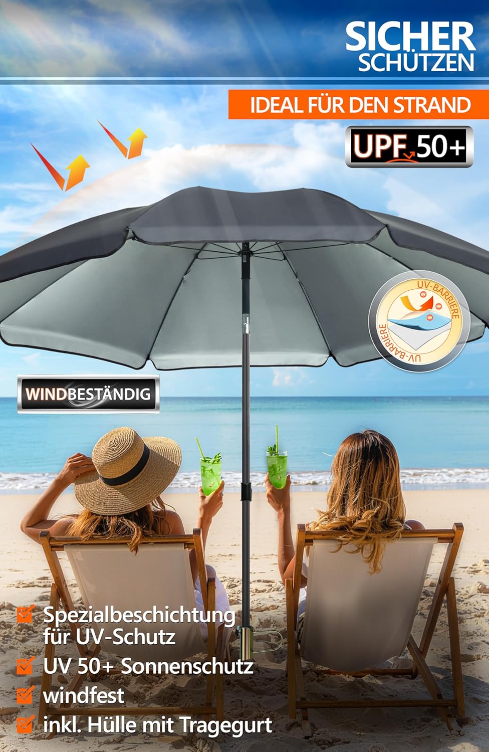 4smile Sonnenschirm Strand SunnyJoy, Anthrazit – 3er Set inkl. Strandschirm windfest stabil, Rasendo