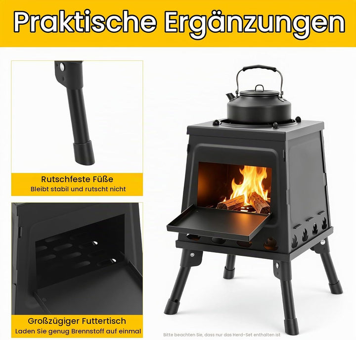 Zeltkocher &amp; Mini Holzofen, Edelstahl Raketenofen Faltbar Zeltofen mit Tragetasche, Brennstab &amp; Hand
