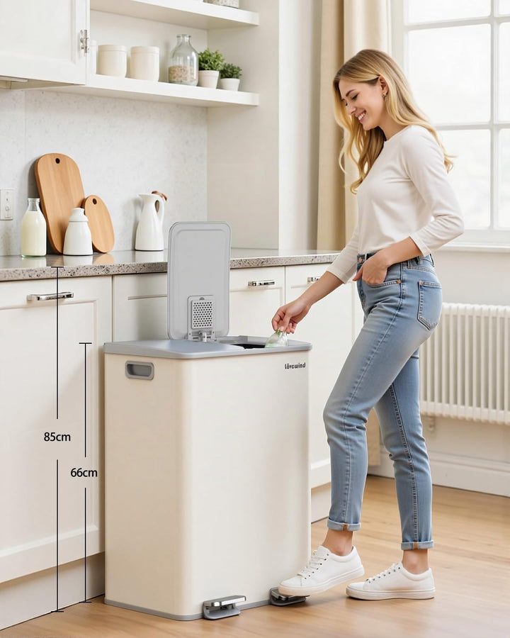 lovewind Mülleimer, 2 x 30L Mülleimer Küche,Doppeleimer für Recycling und Abfall,Soft Beige,Mülleime