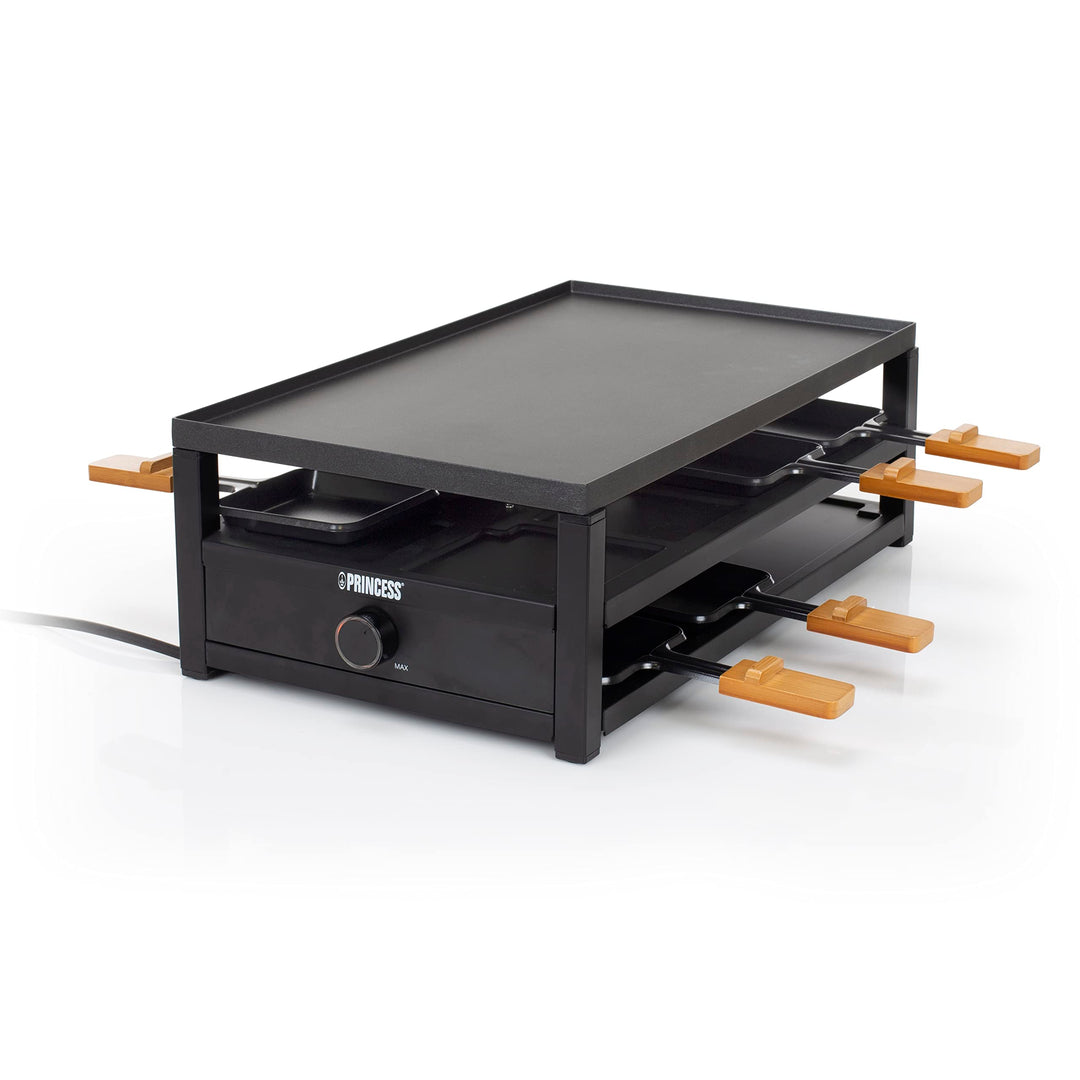 Princess Raclette Black Steel – 8 Personen Parkdeck für Pfännchen grosse Kochfläche 44 x 25 cm regel